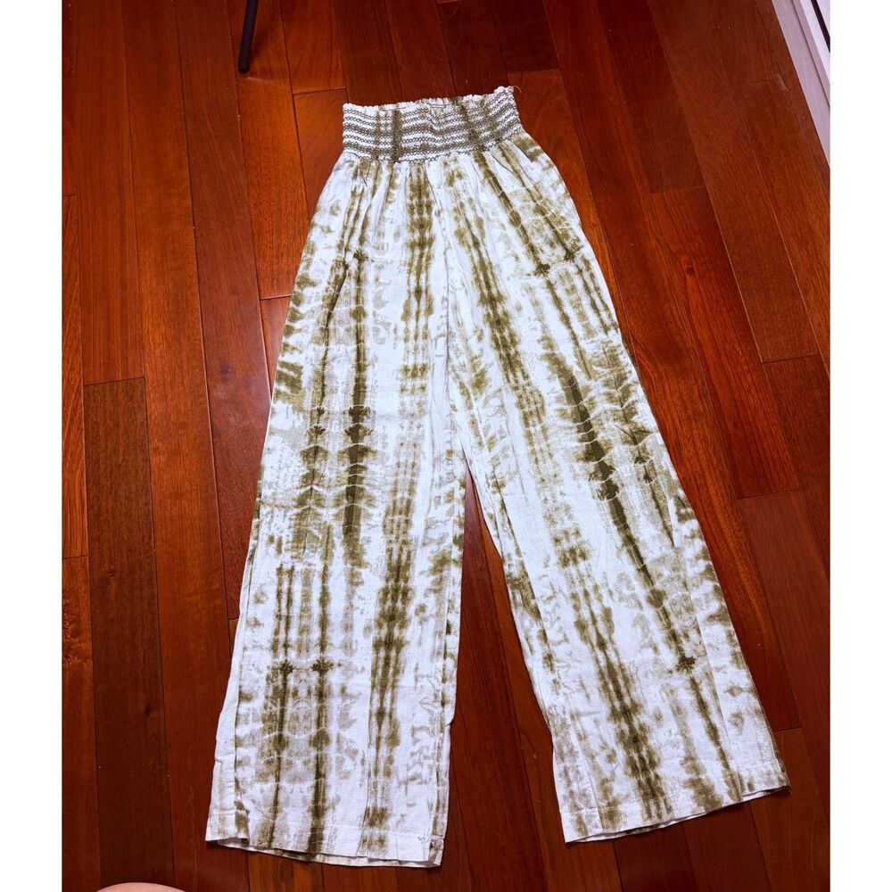 Rewash Womens Tie Dye Linen Blend Palazzo Pants Olive Green Smocked Waist M